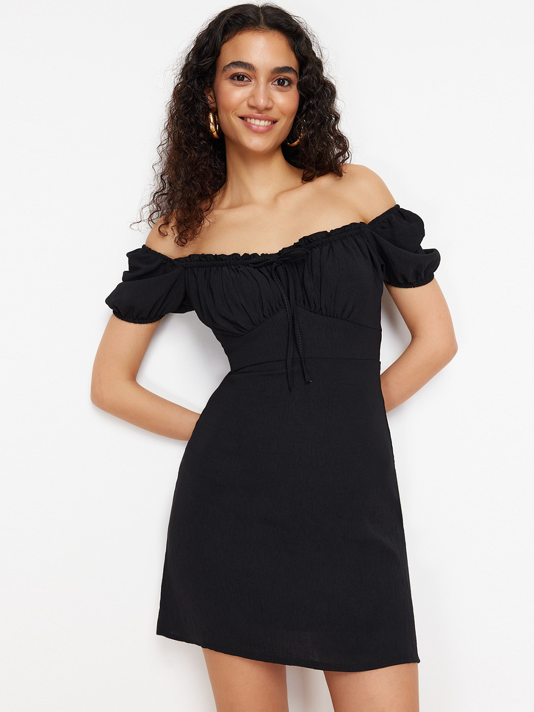 Trendyol Black Off-Shoulder Puff Sleeve A-Line Mini Dress