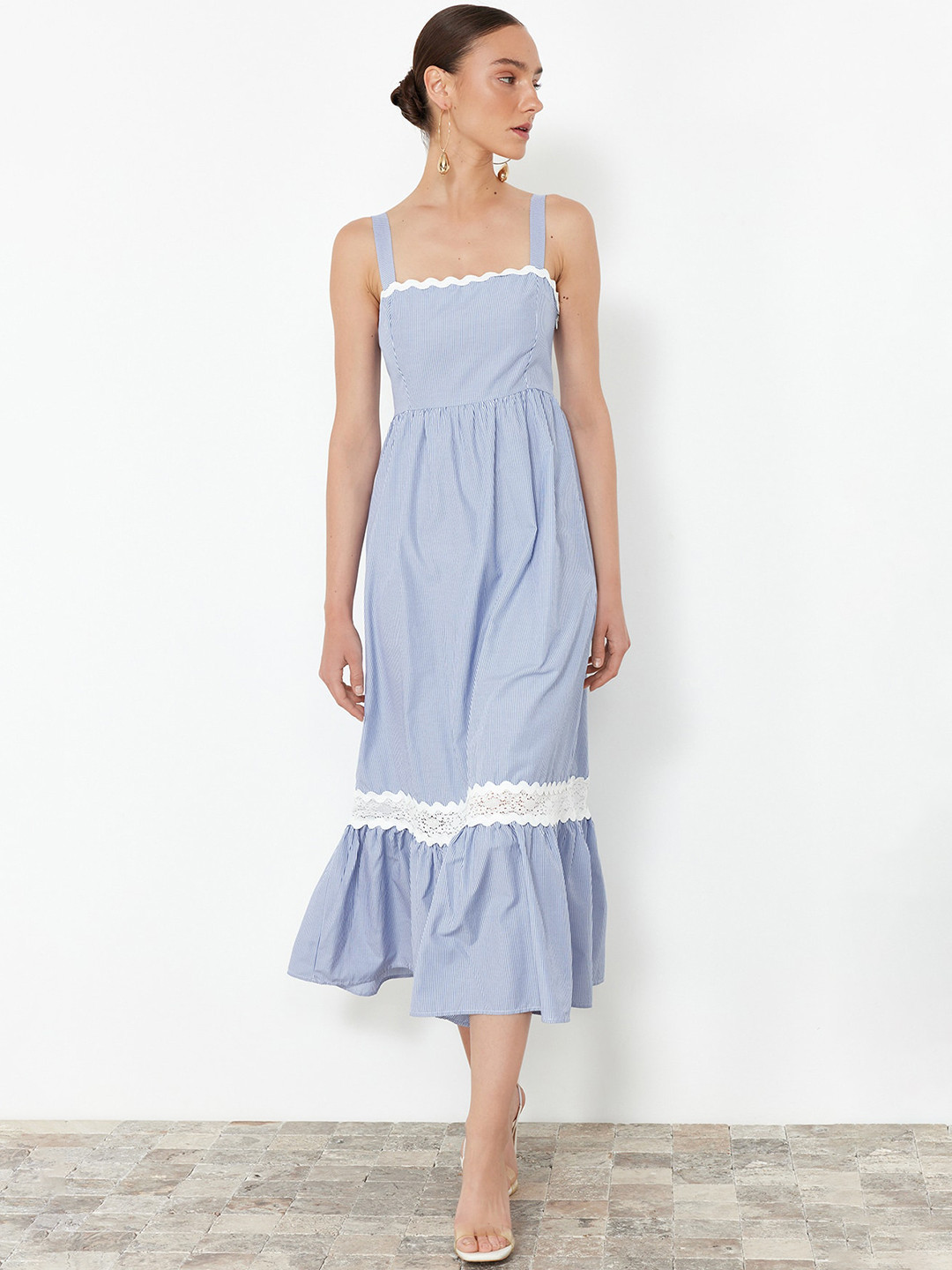 Trendyol Self Design Shoulder Straps Empire Pure Cotton Midi Dress