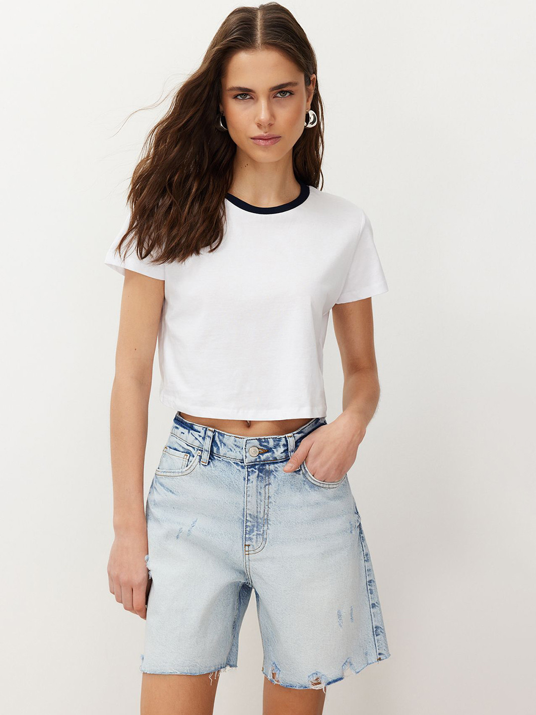 Trendyol Women Mid-Rise Washed Ripped Distressed Cotton Denim Shorts