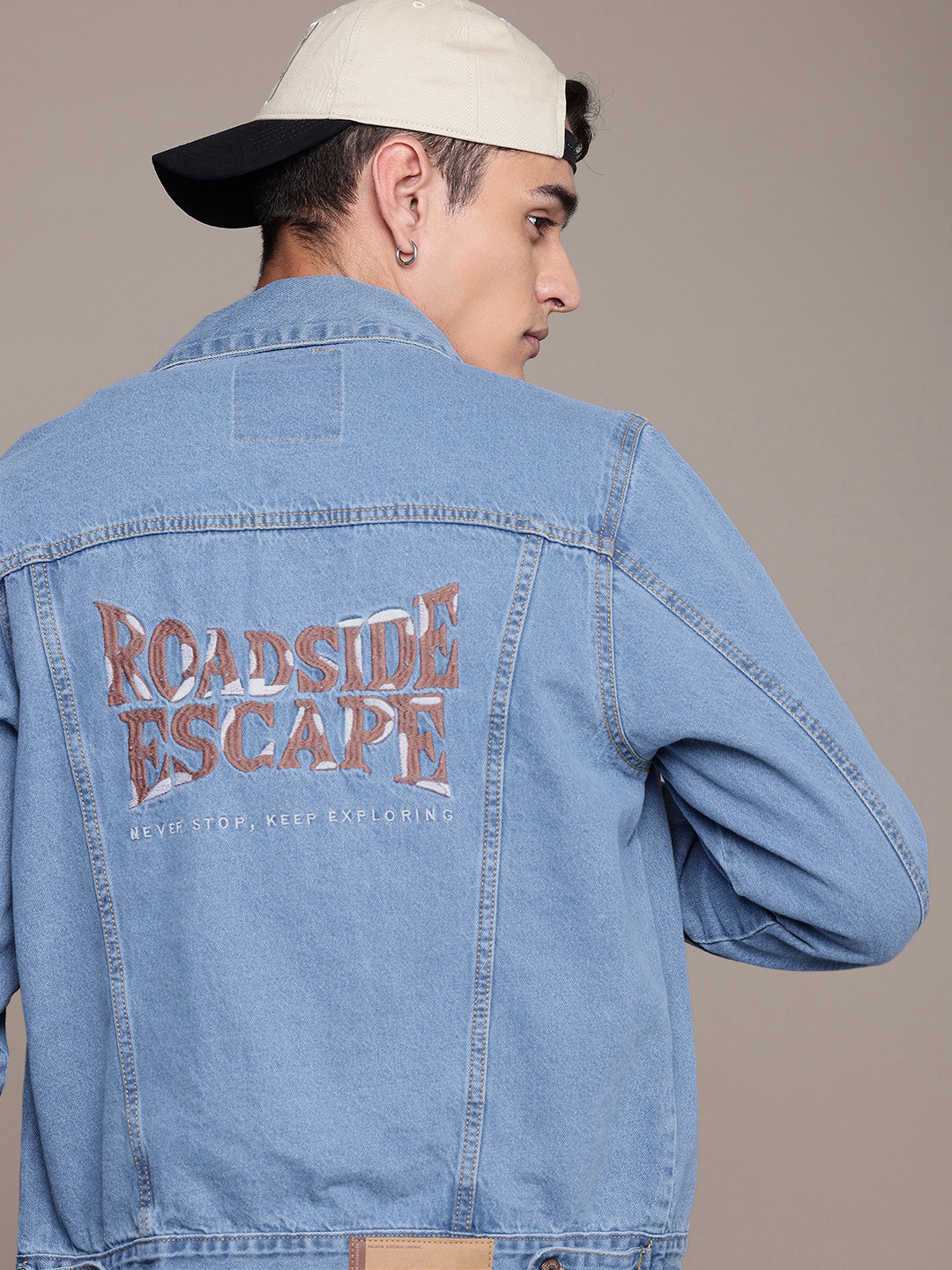 The Roadster Life Co. Typography Embroidered Pure Cotton Denim Truckers Jacket