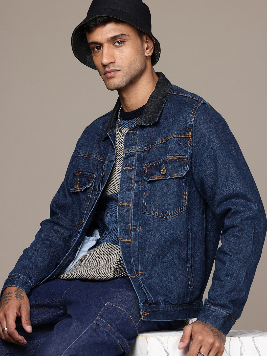The Roadster Life C. Pure Cotton Embossed Effect Typography Denim Truckers Jacket