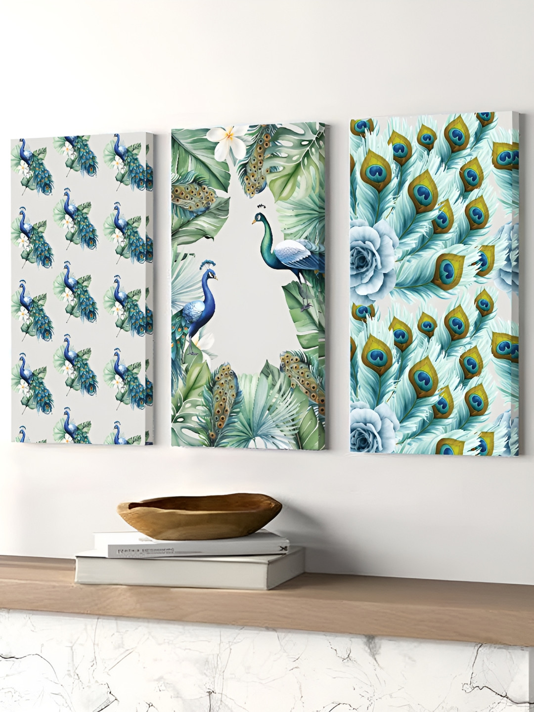 Art Street White & Green 3 Pieces Peacock & Flower Canvas Wall Arts
