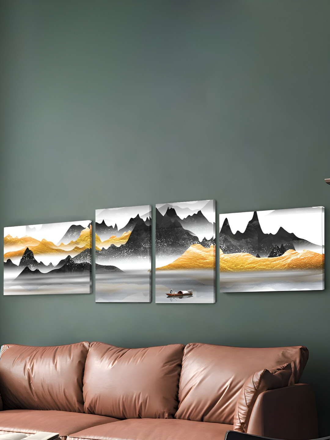 Art Street Black & Yellow Canvas Painting Lake View Golden Black Mountain