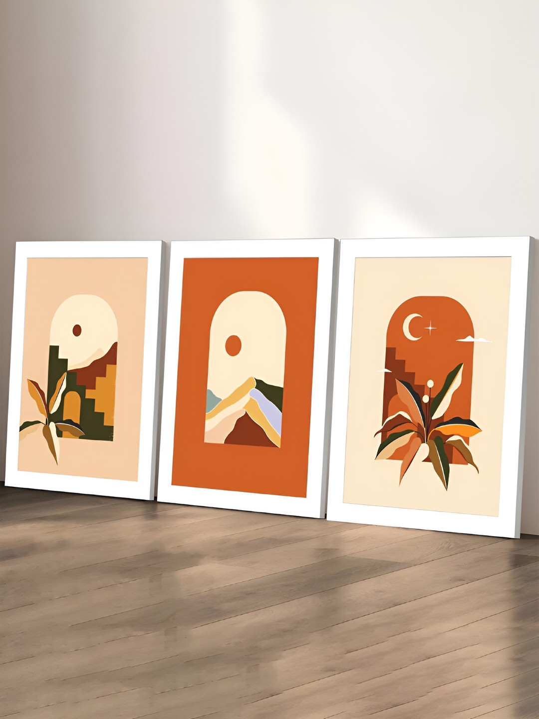 Art Street Sun Moon With Mountains Paper 3 Piece Rectangle Paintings Wall Art -16 x 12 In