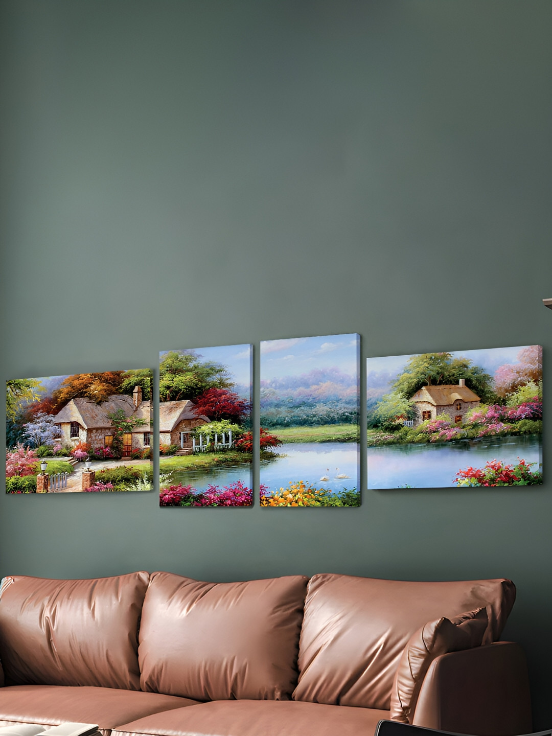Art Street Canvas Painting Beautiful Lake House Landscape Nature