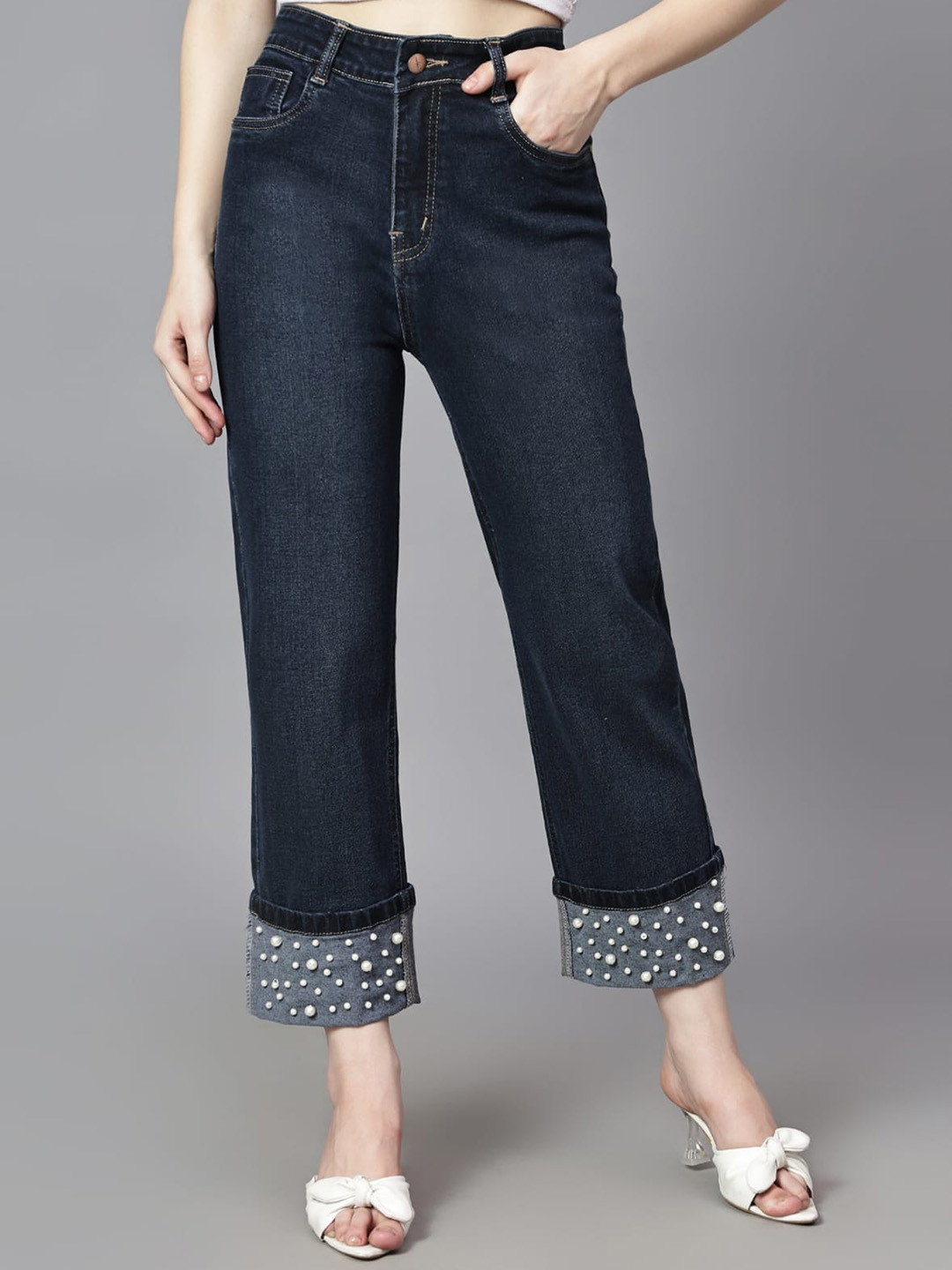 FASHIONFIBRE Women Pearl Design Clean Look Dark Shade Straight Fit High-Rise Cotton  Jeans