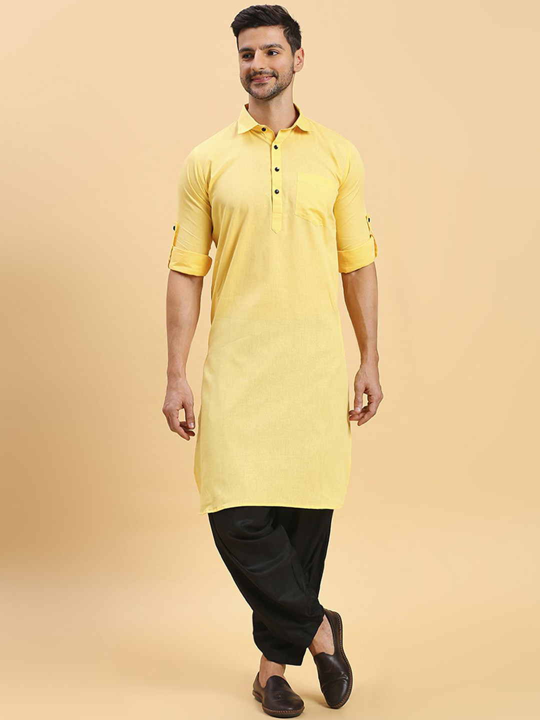 RAJUBHAI HARGOVINDAS Shirt Collar Roll-Up Sleeves Pathani Kurta