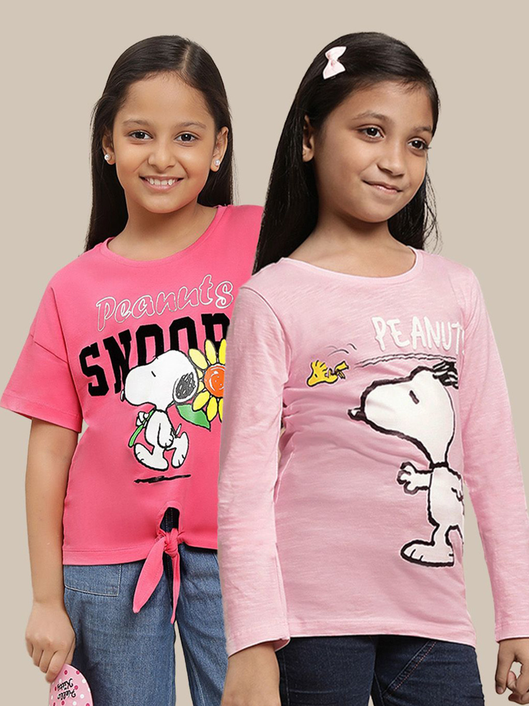 Kids Ville Girls Pack of 2 Graphic Peanuts Printed Pure Cotton Round Neck T-shirts