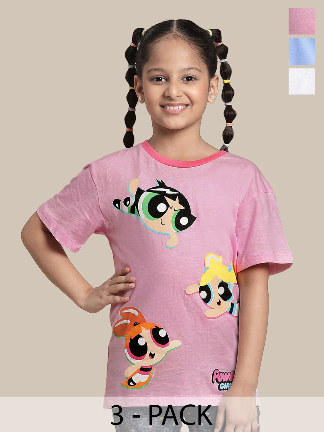 Kids Ville Girls Pack Of 3 Powerpuff Girls Graphic Printed Pure Cotton T-Shirts