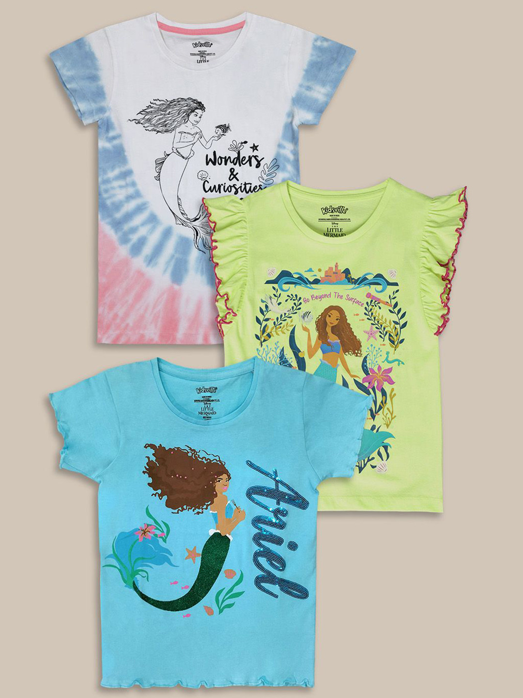 Kids Ville Girls Pack Of 3 The Little Mermaid Printed Pure Cotton Round Neck Tshirt