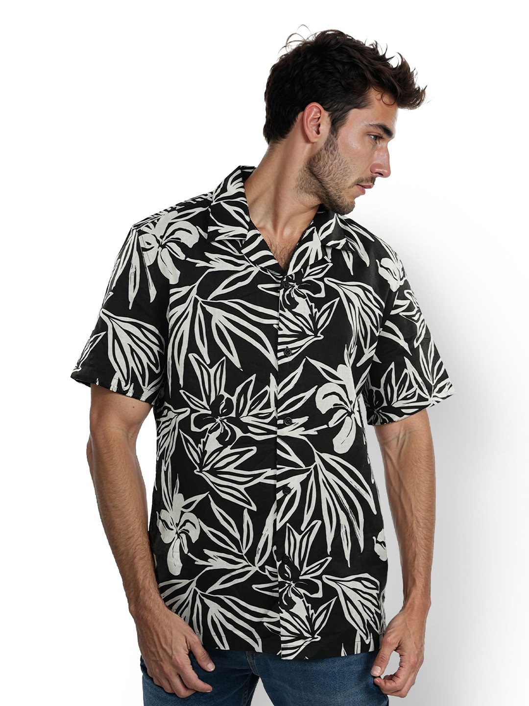 Celio Classic Tropical Printed Cuban Collar Linen Shirt