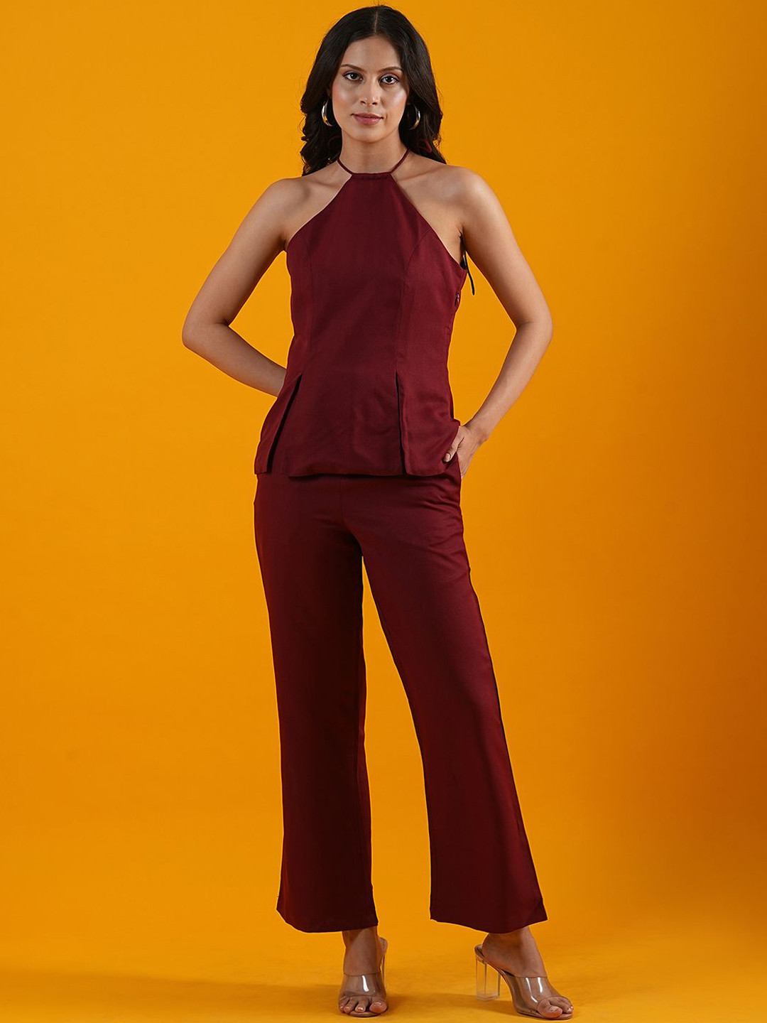 Globus Halter Neck Front Slits Moss Casual Crepe Top With Trousers