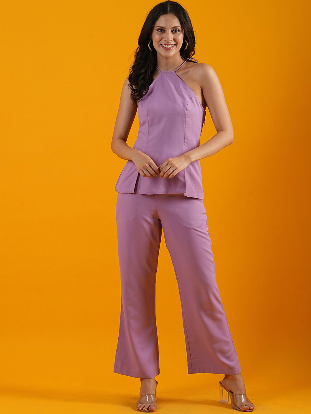 Globus Halter Neck Front Slits Moss Casual Crepe Top With Trousers