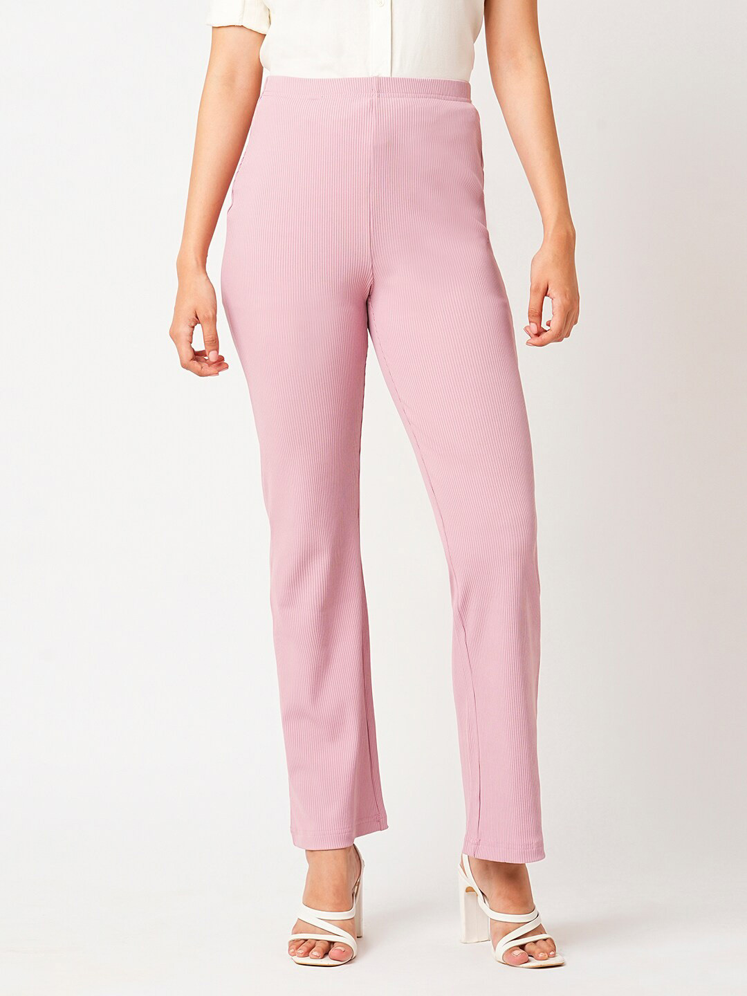 Globus Pink Women Self Design Mid-Rise Slim Fit Bootcut Stretchable Treggings
