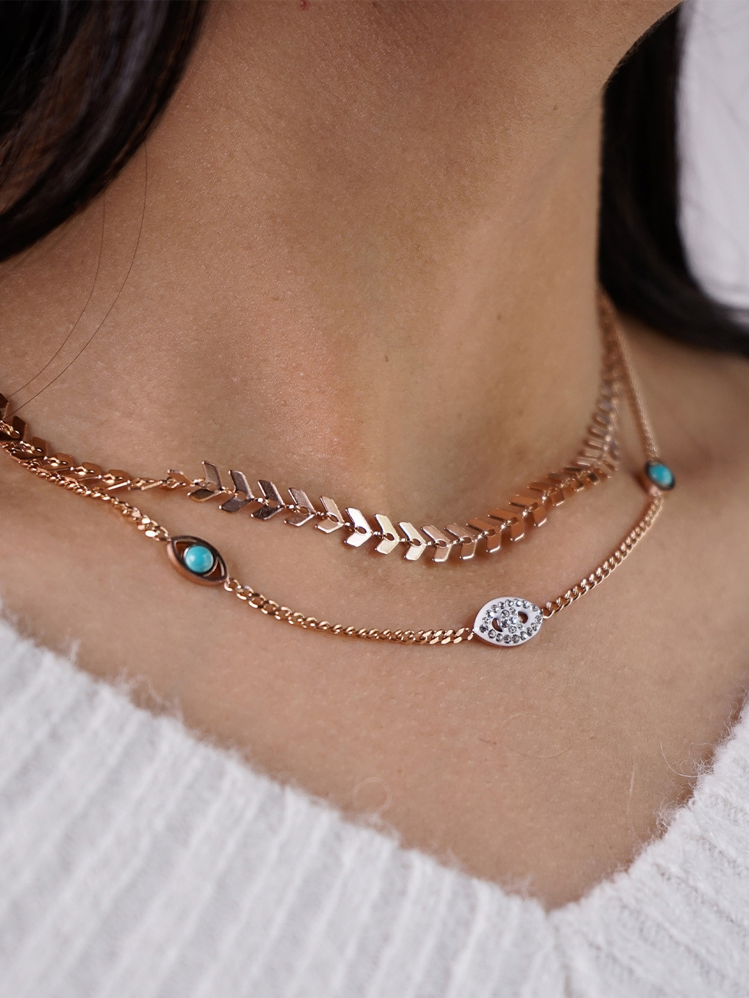 SWASHAA Ira Rose Gold-Plated Stainless Steel Cubic Zirconia Studded Evil Eye Necklace