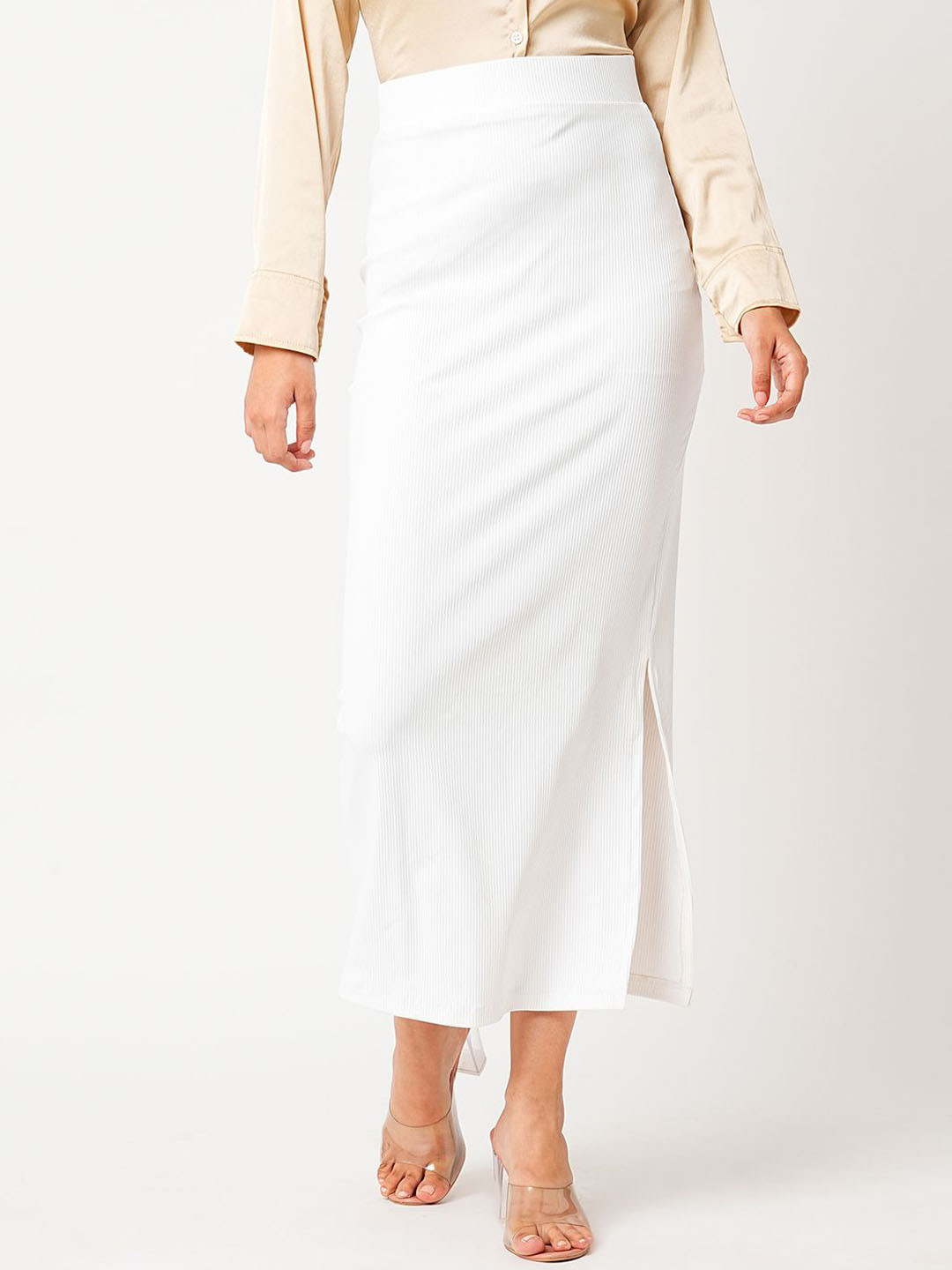 Globus White Self Design Streatchable  Pencil Maxi Skirt