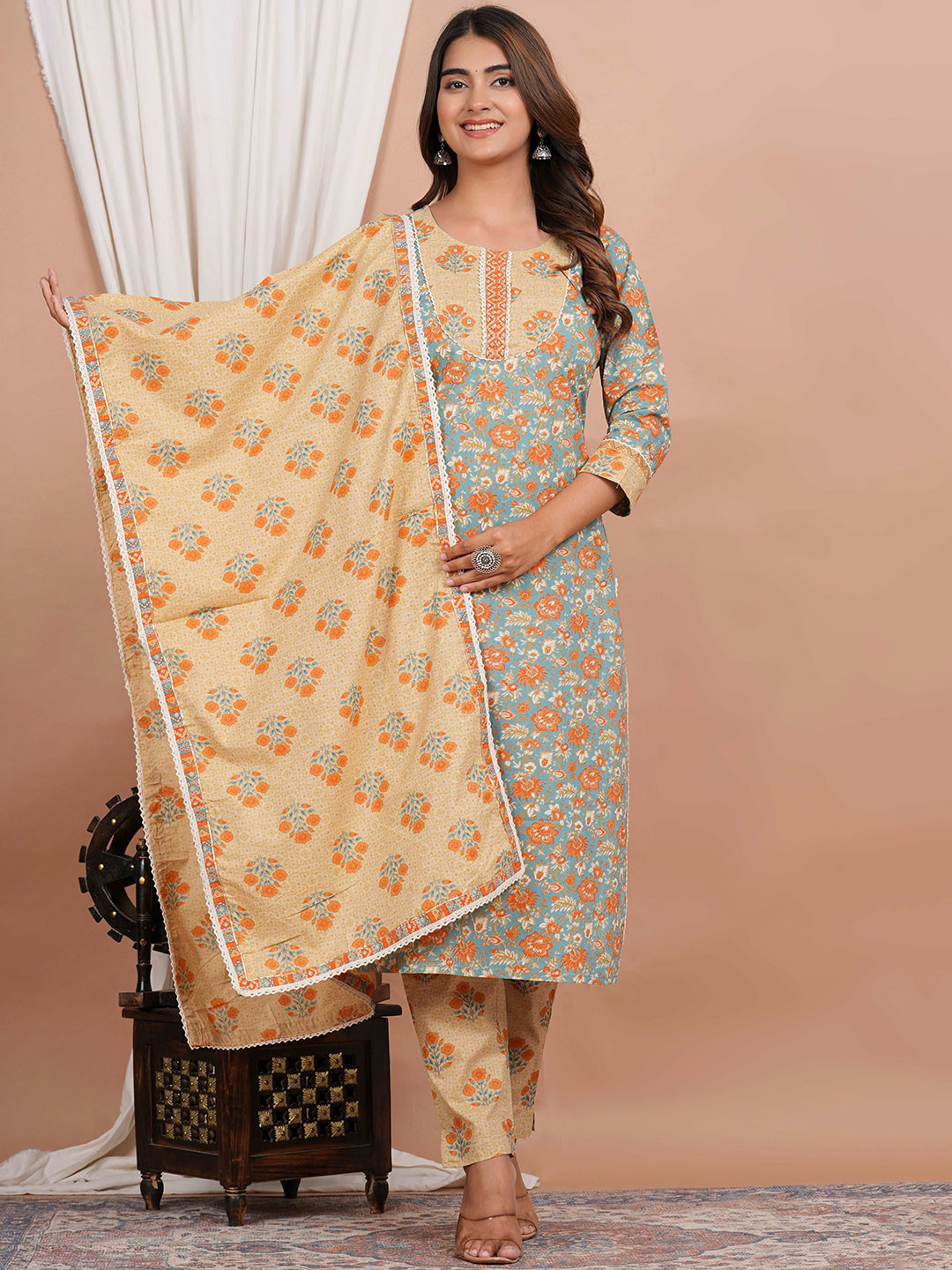 SIGNORIA Round Neck Floral Printed Thread Work Pure Cotton Kurta with Trouser & Dupatta