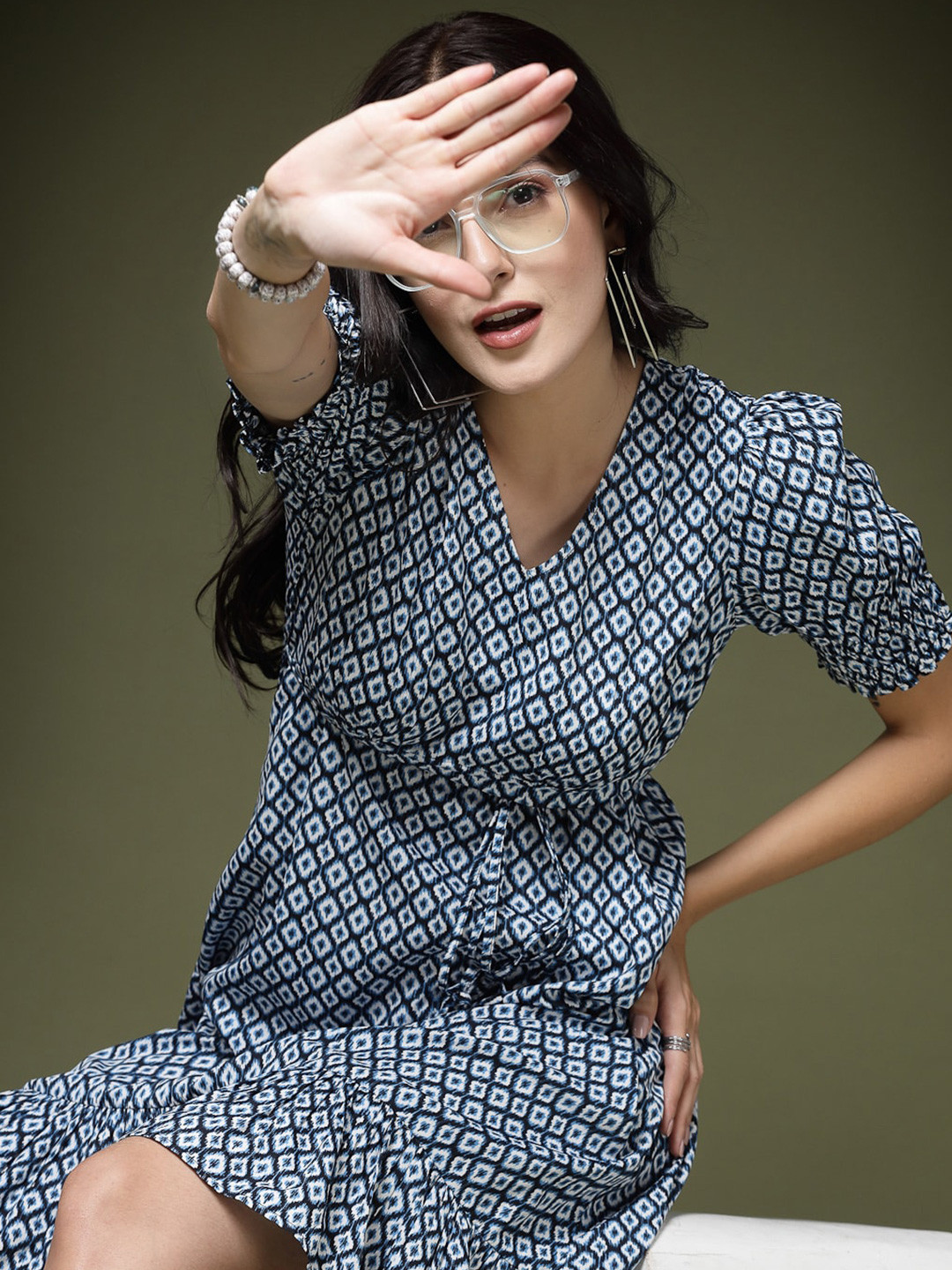 EVERYDAY by ANI Geometric Print V-Neck Puff Sleeves Crepe A-Line Dress