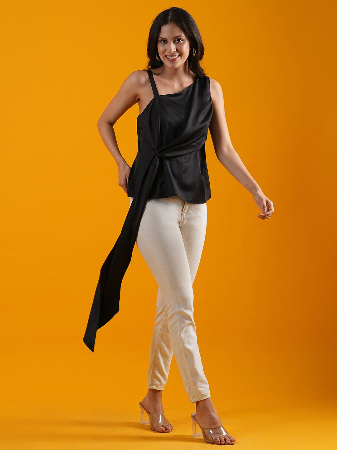 Globus Black One Shoulder Tie-Ups Detailed Casual Top