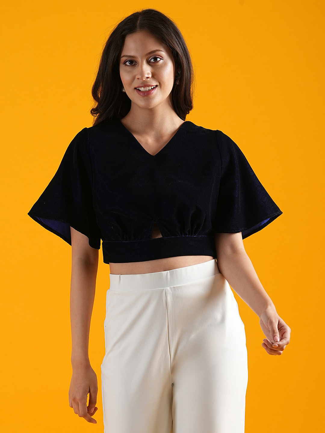 Globus Navy Blue V-Neck Kimono Sleeves Cut Out Detailed Crop Top