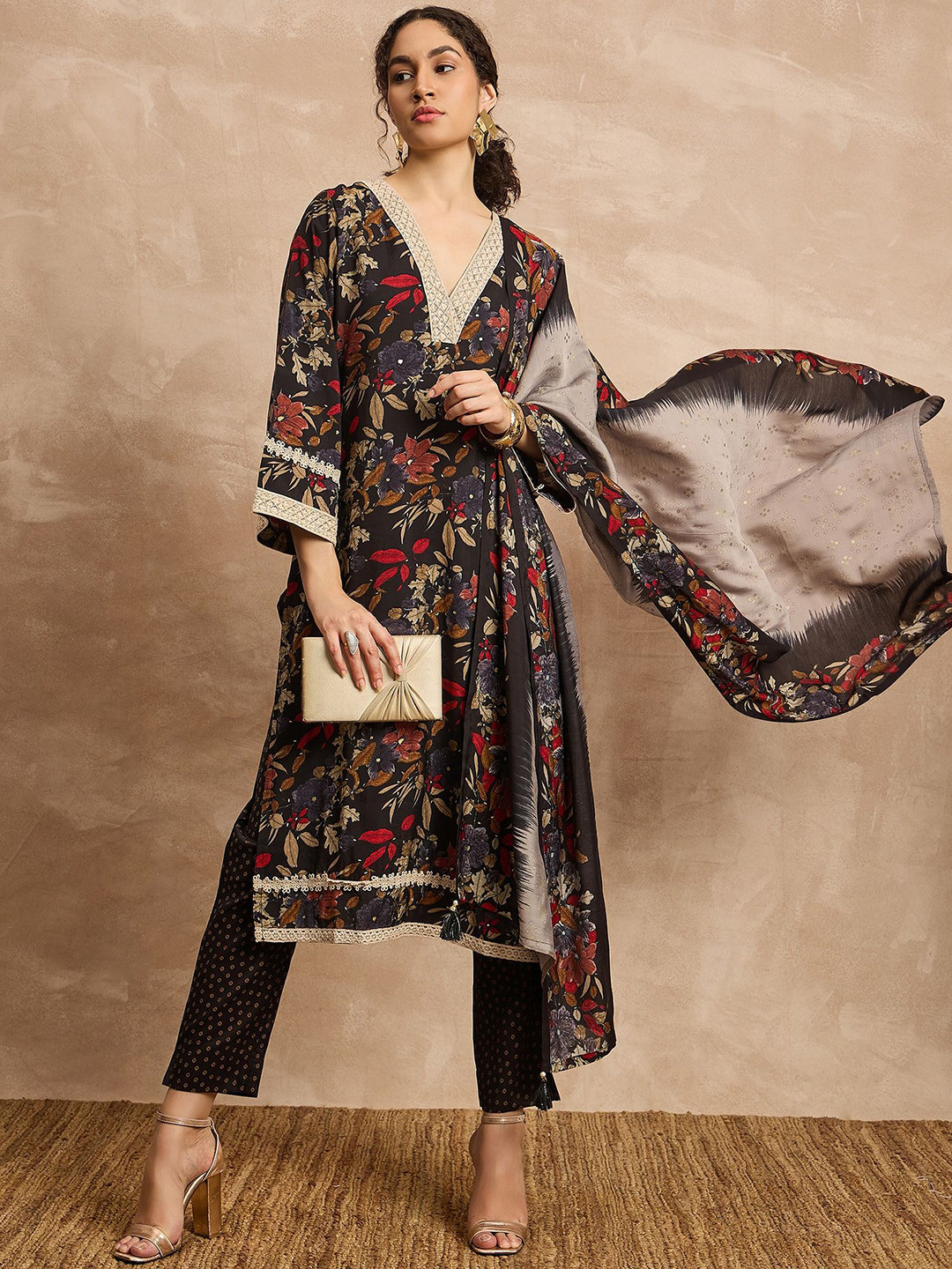 all about you Black Ethnic Motifs Embroidered V-Neck Kurta with Trousers & Dupatta