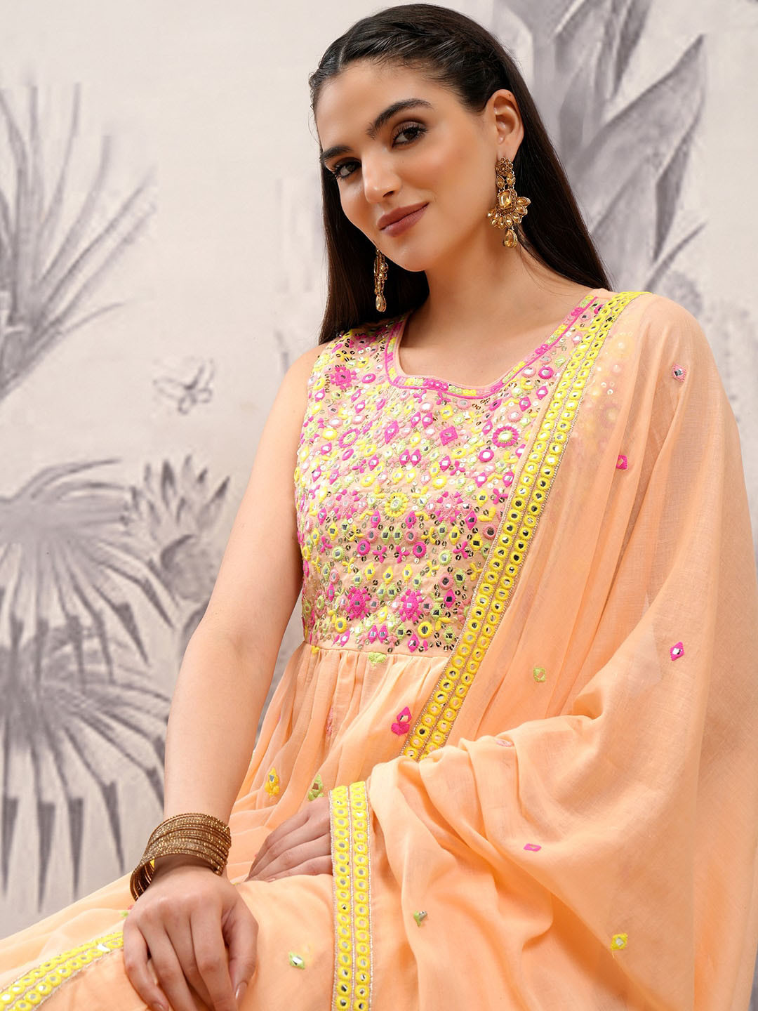 Vishudh Orange Embroidered Regular Mirror Work Pure Cotton Kurta with Trousers & Dupatta