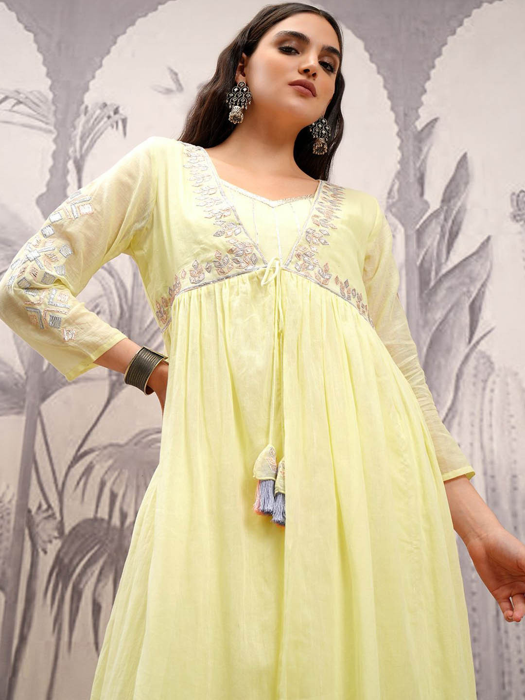 Vishudh Alia Cut Yellow Ethnic Motifs Embroidered Regular Pure Cotton Anarkali Kurta Set