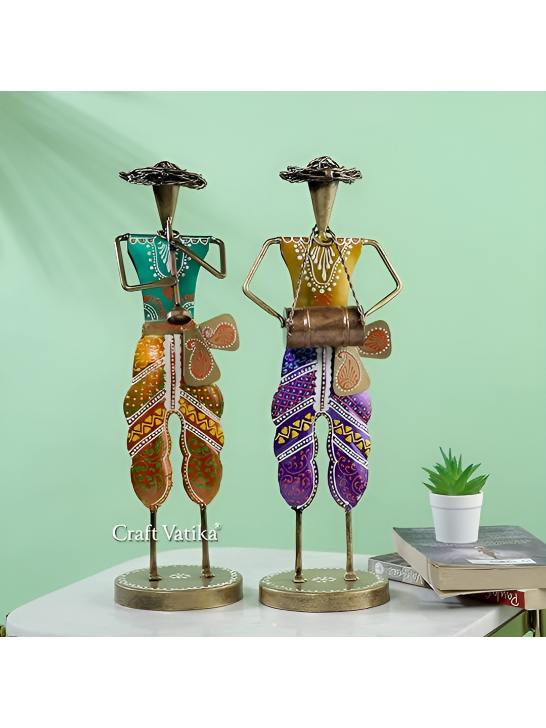 Aura Standing Musician Playing Musical instrument Gold Iron Metallic Home Office Music Set of 2 Medium Showpieces - 13.5 Inches