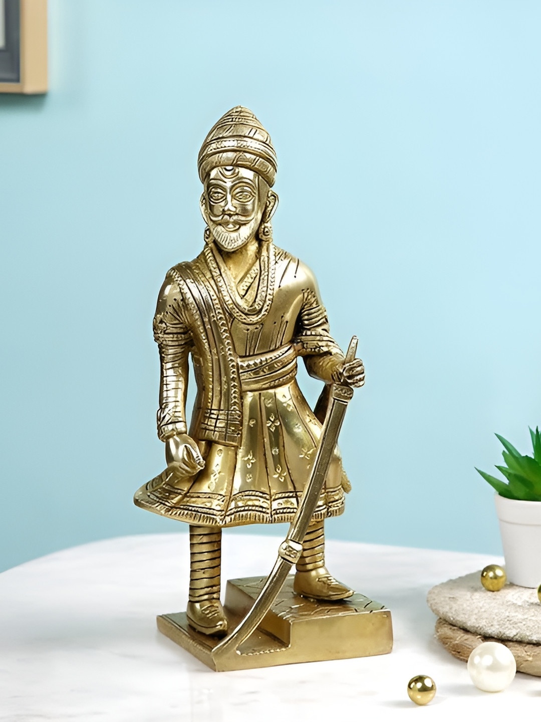 Aura Chhatrapati Shivaji Maharaj Maratha King Gold Brass Metallic Prayer Room Medium Showpiece - 9.3 Inches