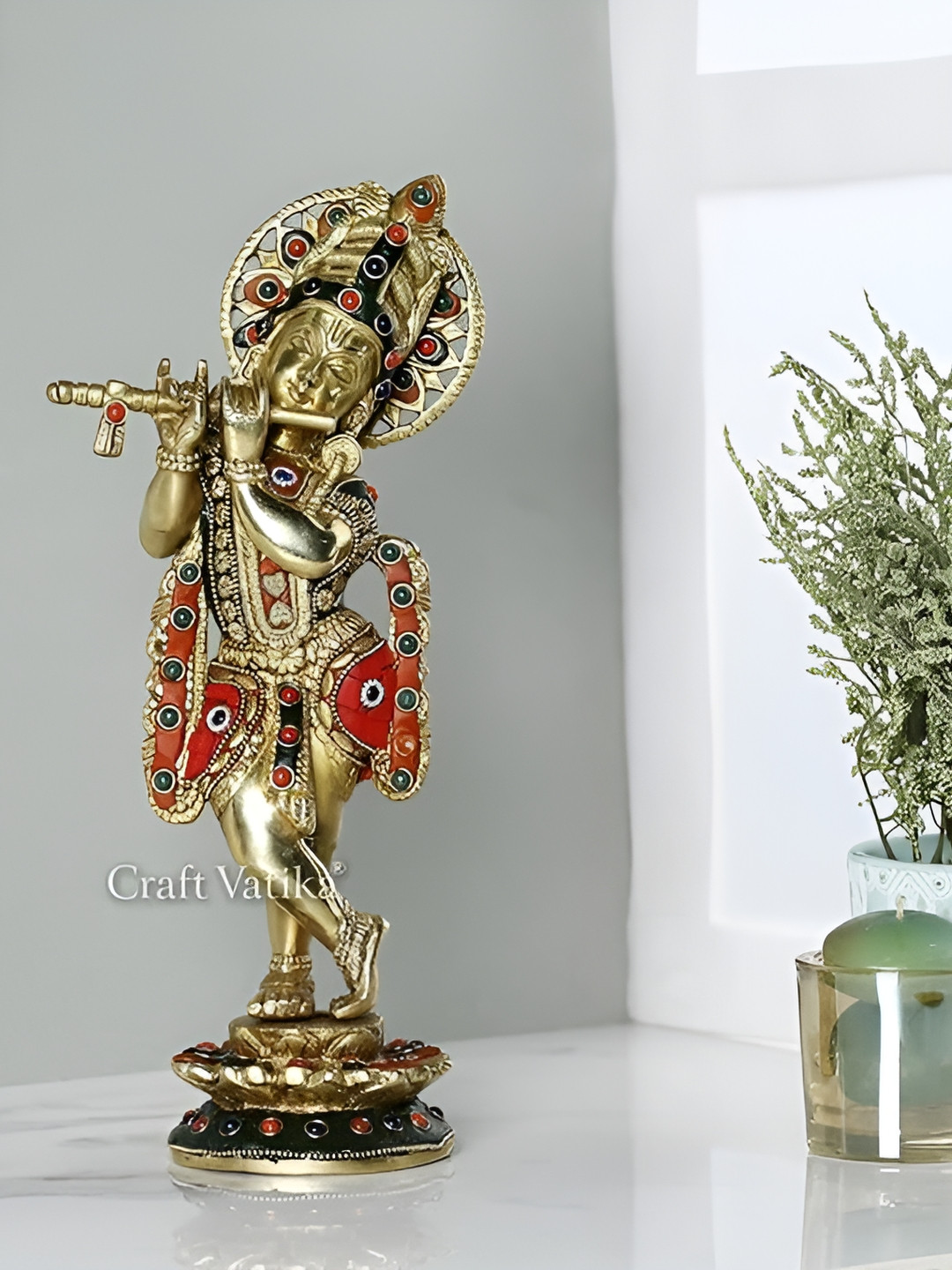 Aura Krishna Playing Flute Gold Brass Metallic Prayer Room Hand Made Medium Showpiece - 3.5 Inches