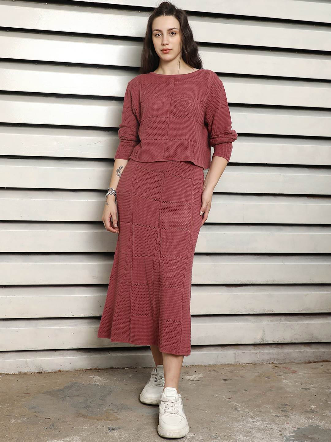 High Star Pure Cotton crochet Round Neck Top With Skirt Co-Ords
