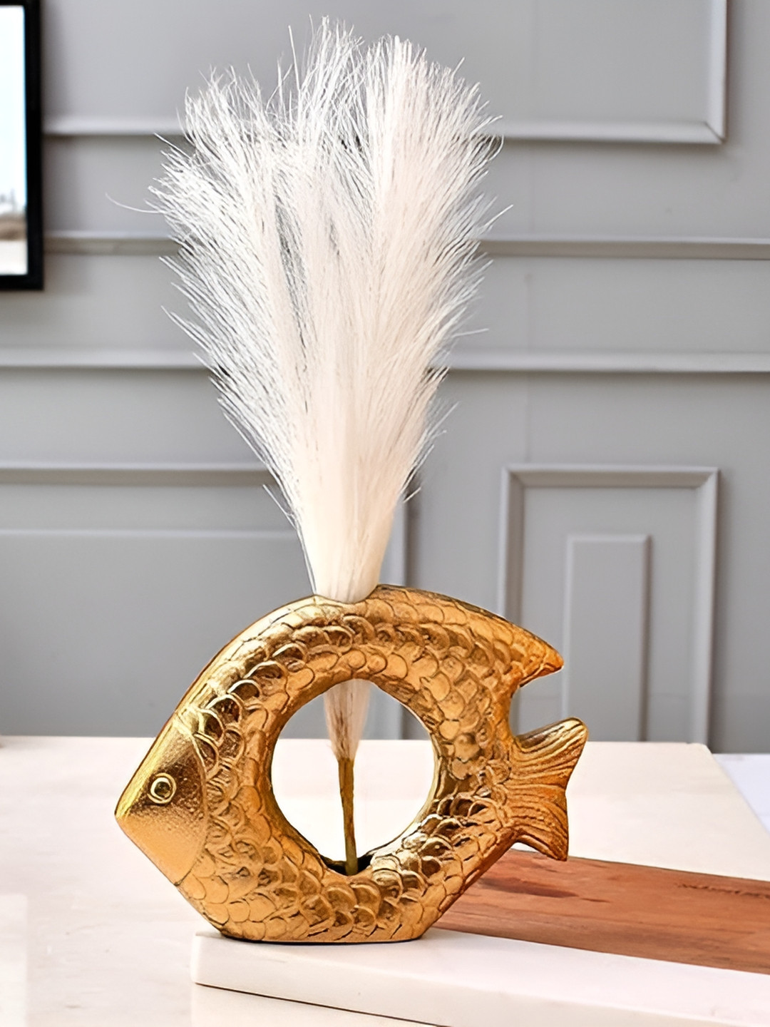 Aura Fish Vase Vastu Gold Aluminium Metallic Living Room Medium Showpiece - 6.6 Inches