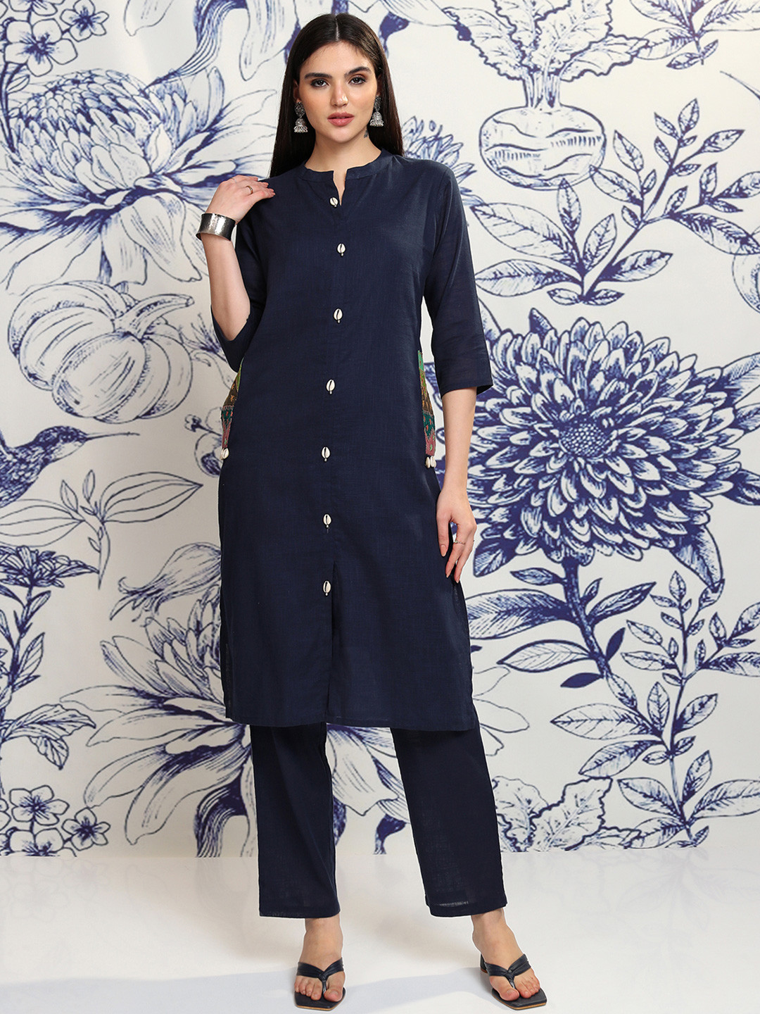 Vishudh Navy Blue Sea Shell Button Mandarin Collar Pure Cotton Tunic With Trousers