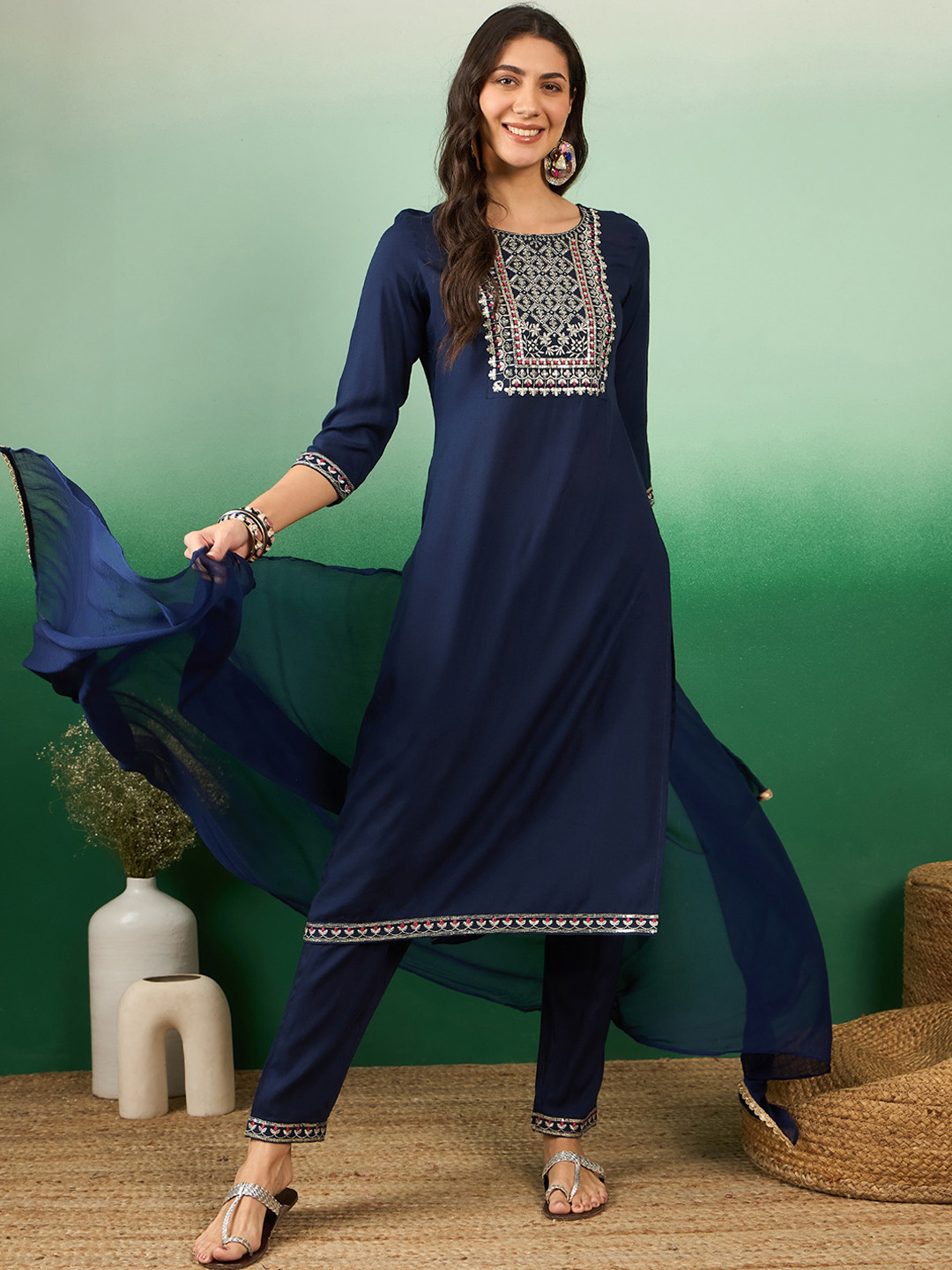 Vastramyaa Floral Yoke or Border Embroidered Kurta with Trousers & With Dupatta