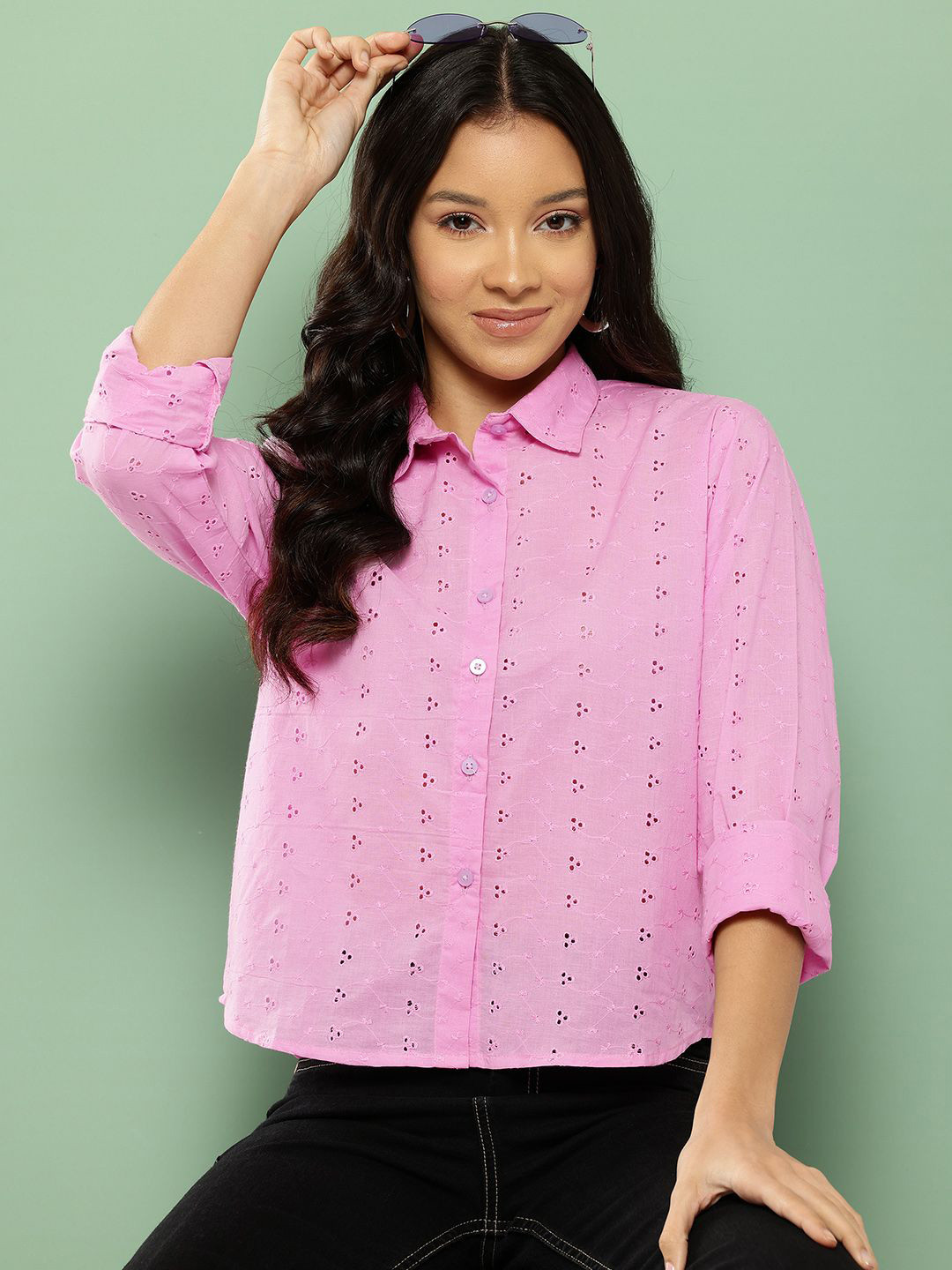 The Roadster Lifestyle Co. Lavender Colour schiffli Spread Collar Semi Sheer Cotton Shirts