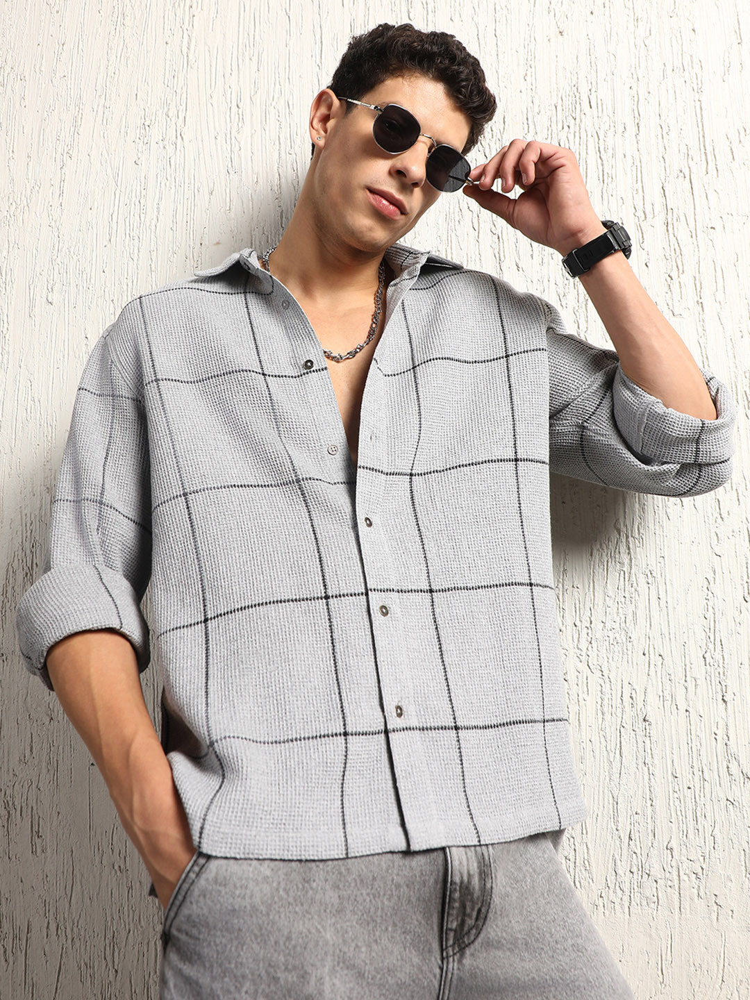 Hubberholme Oversized Cotton Casual Check Waffel Double Pocket Full Sleeve Shirt