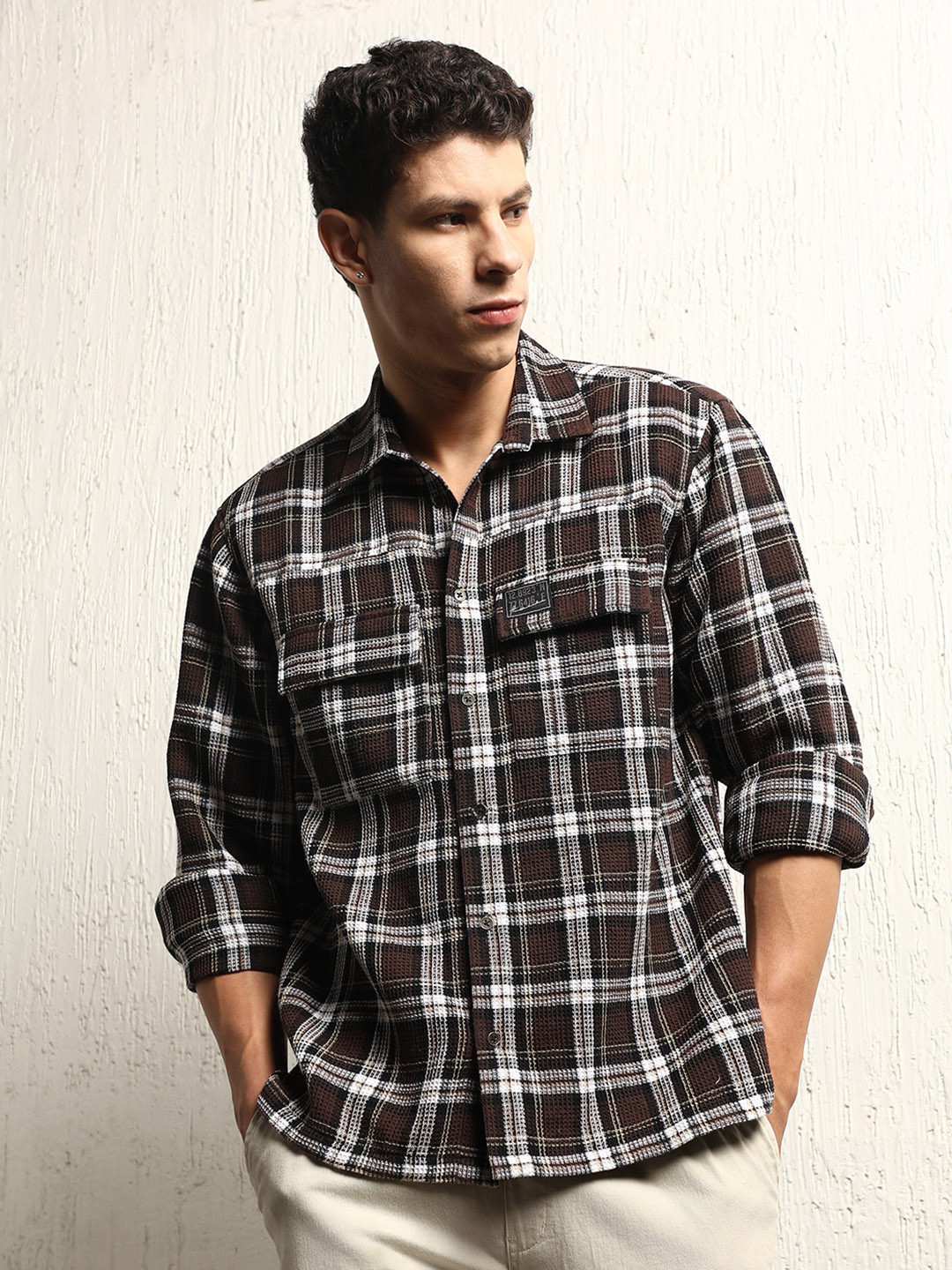 Hubberholme Oversized Cotton Casual Check Waffel Double Pocket Full Sleeve Shirt