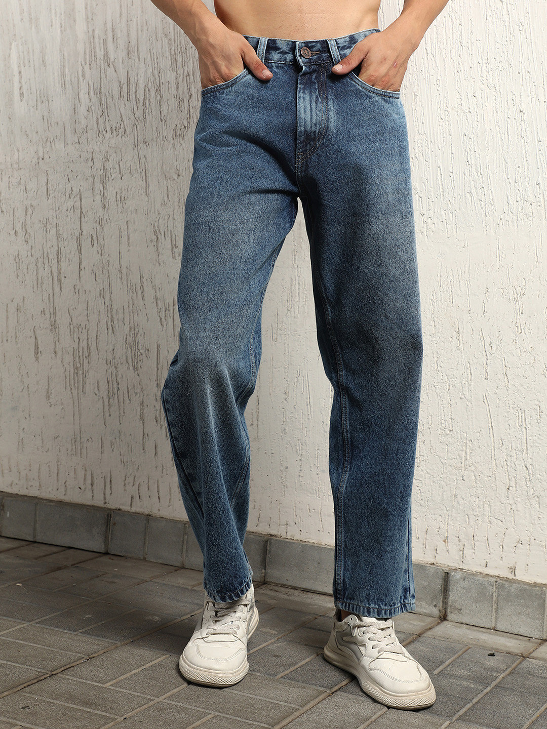 Hubberholme Men Loose Leg Relaxed Fit Heavy Faded Cotton Jeans
