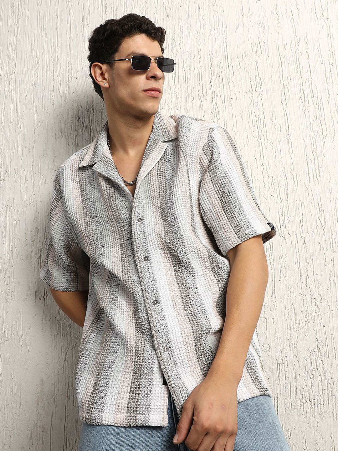 Hubberholme Cotton Relaxed Waffel Striped Half Sleeve Shirt