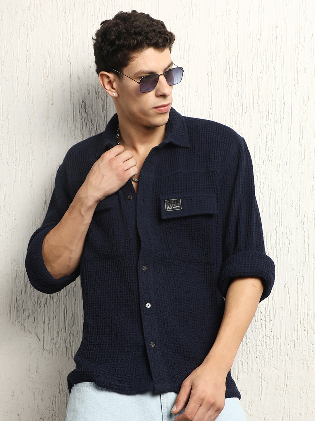 Hubberholme Oversized Cotton Casual Waffel Double Pocket Full Sleeve Shirt