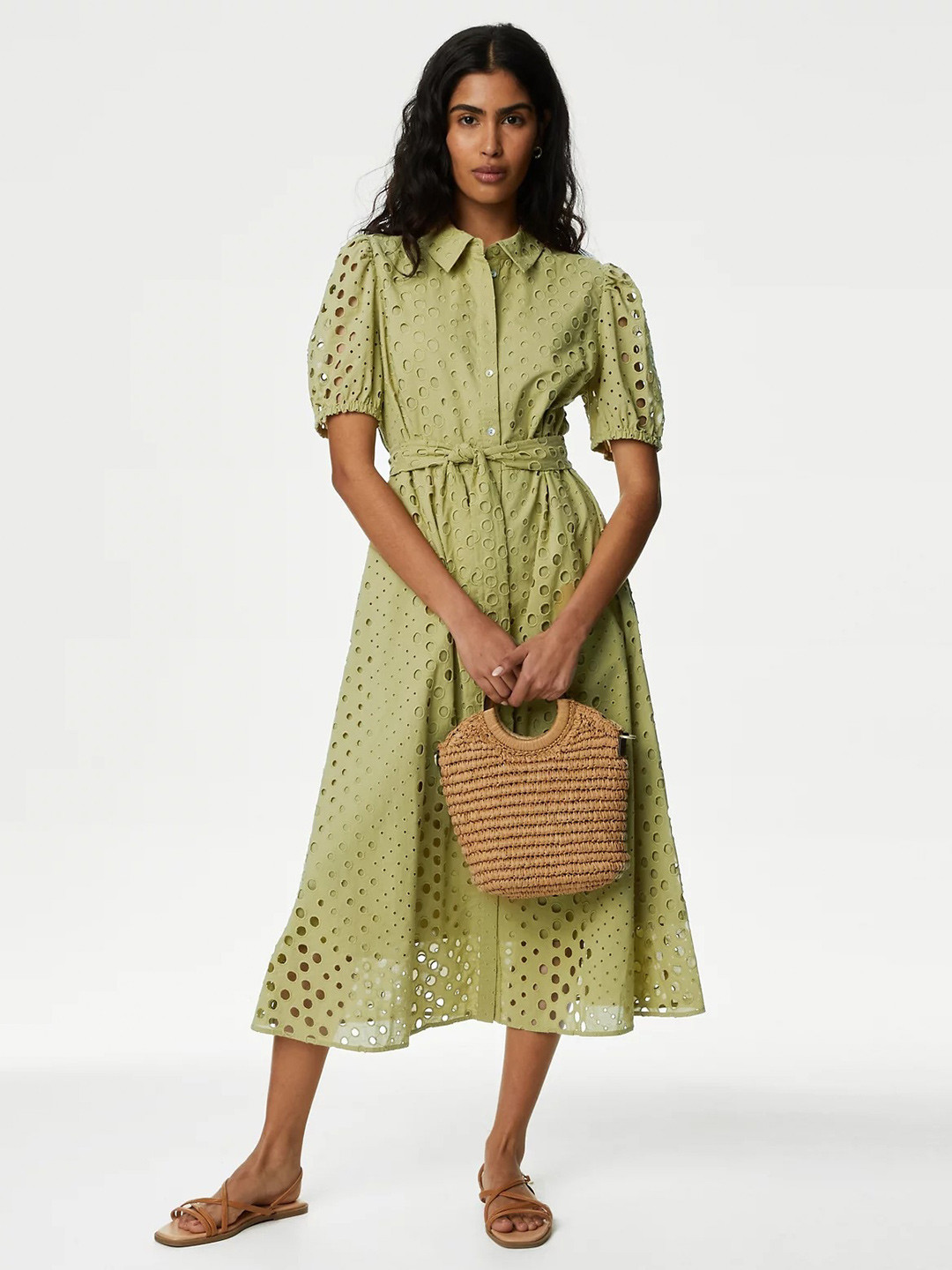 Marks & Spencer Self Design Shirt Collar Puff Sleeve Schiffli Pure Cotton Midi Shirt Dress