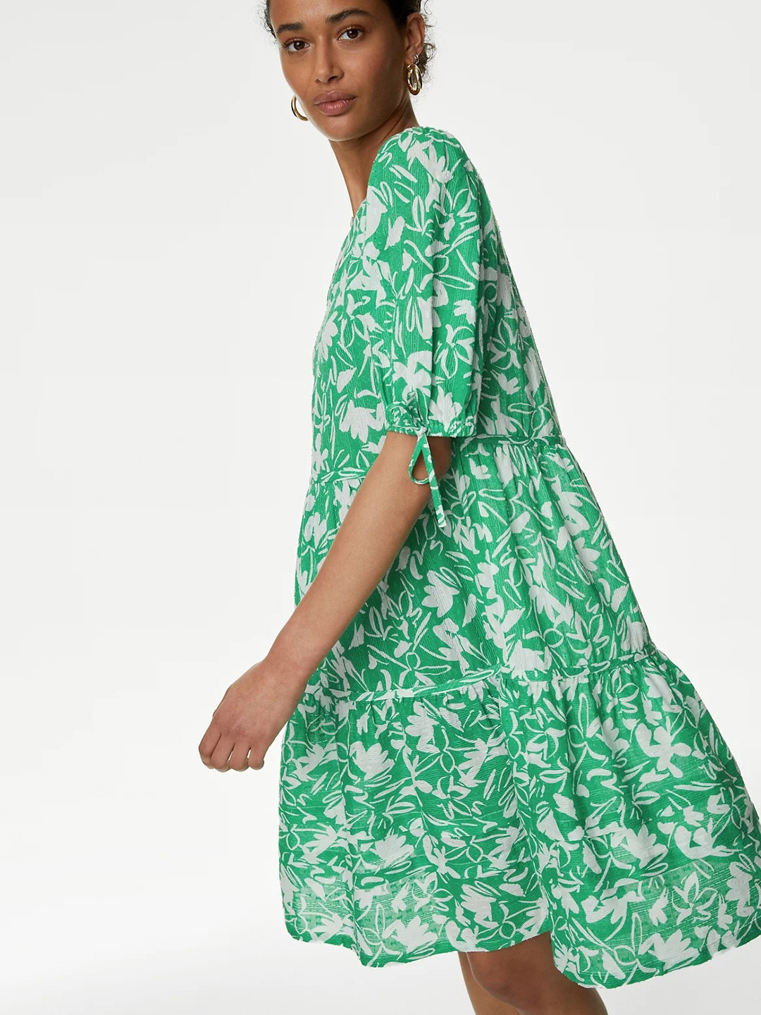 Marks & Spencer Floral Printed Puffed Sleeves Pintuck Tiered Pure Cotton A-Line Dress