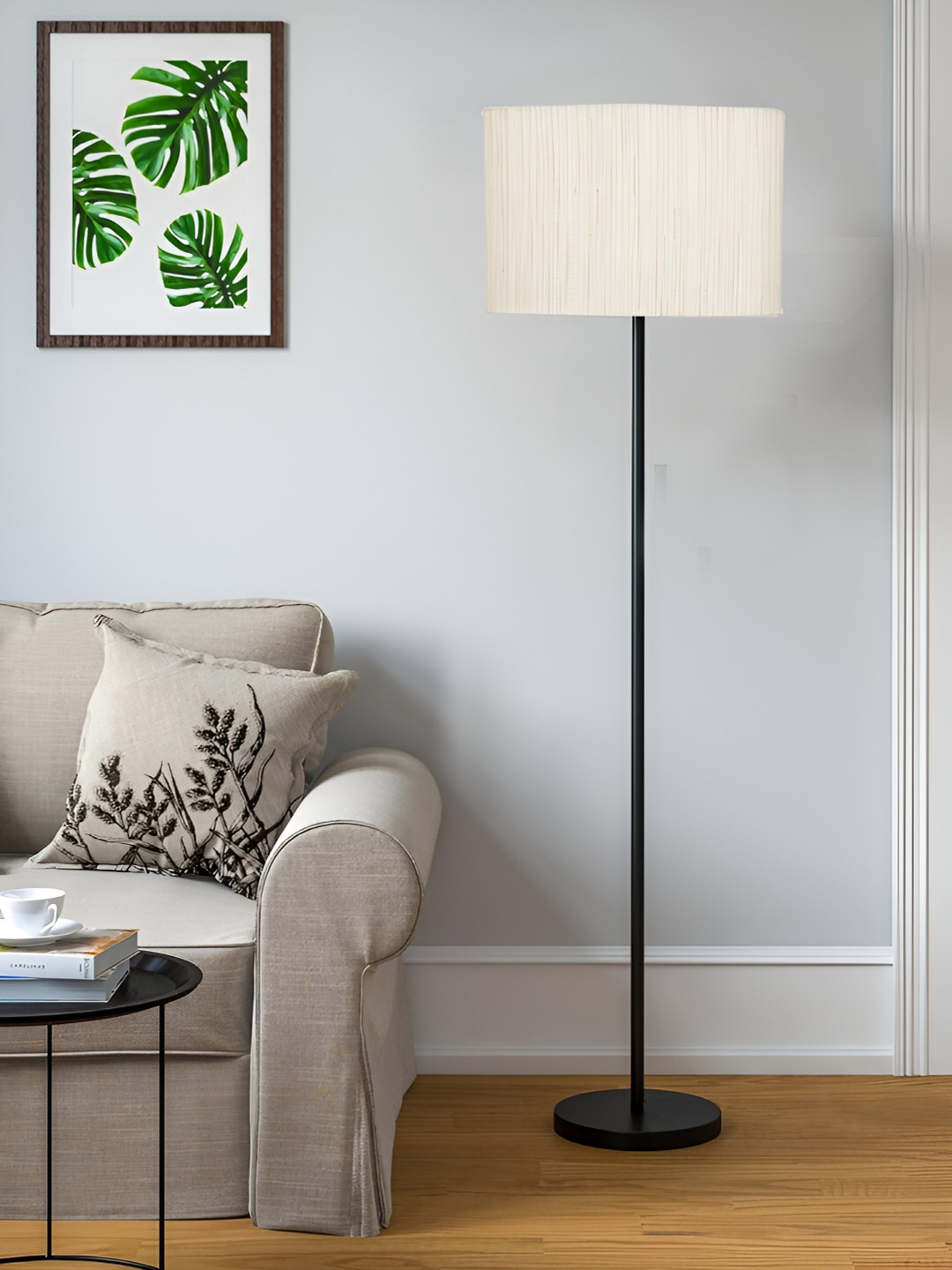 Devansh Off White Cotton Drum  Floor Lamp With Shade