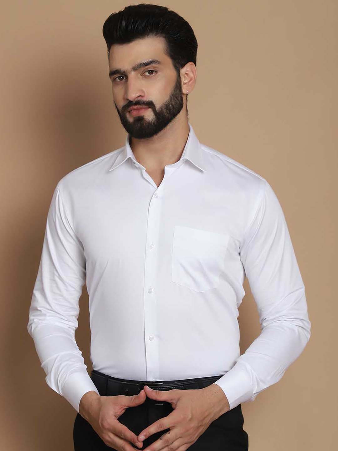 TAG 7 Straight Fit Spread Collar Long Sleeves Chambray Weave Satin Cotton Formal Shirt