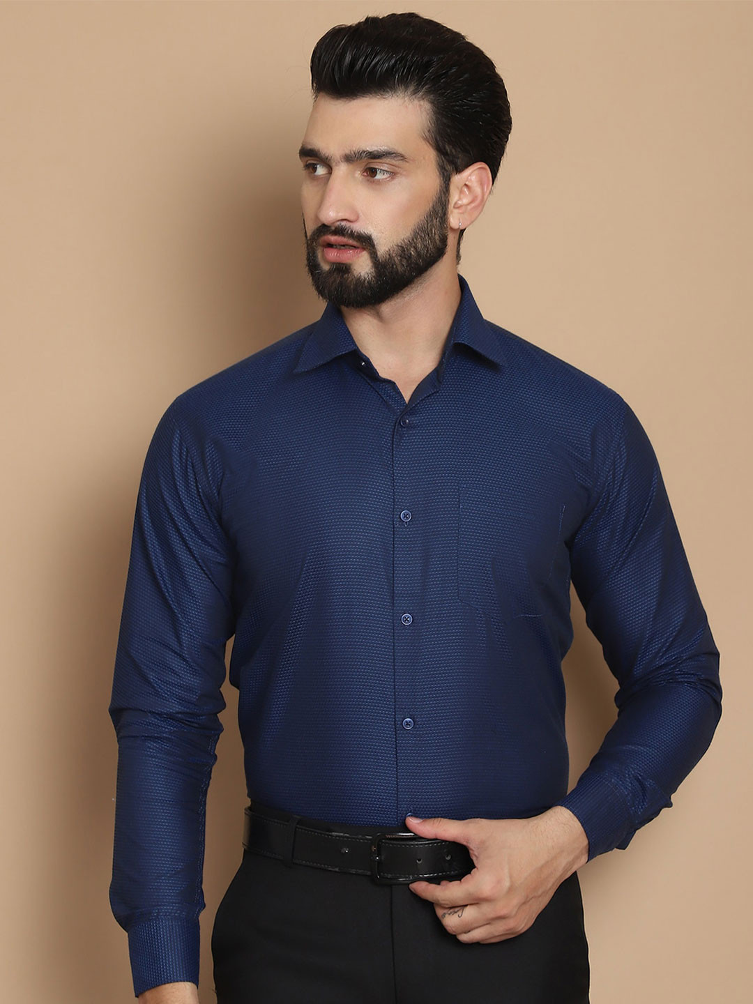 TAG 7 Straight Fit Textured Self Design Spread Collar Pure Cotton Formal Shirt