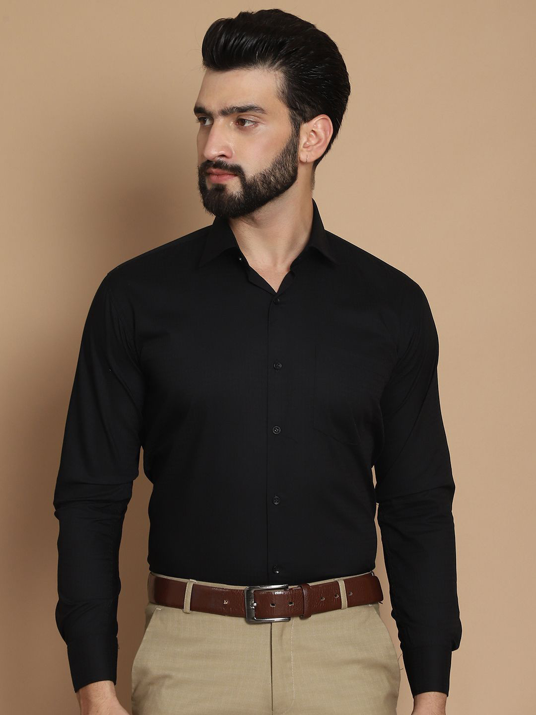 TAG 7 Straight Fit Spread Collar Long Sleeves Chambray Weave Pure Cotton Formal Shirt