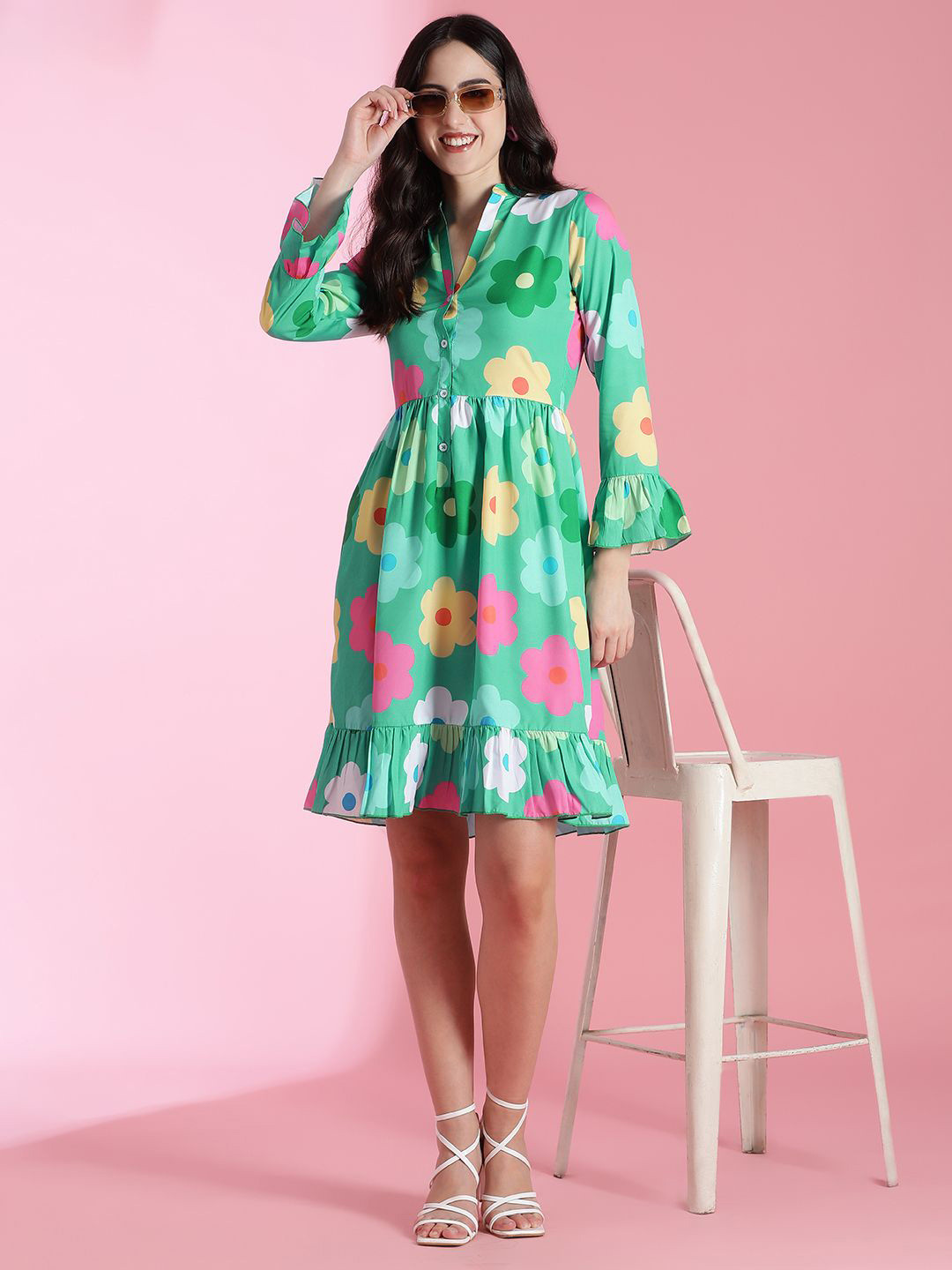 Stylecast X Kotty Mandarin Collar Floral Print Bell Sleeve Fit & Flare Dress