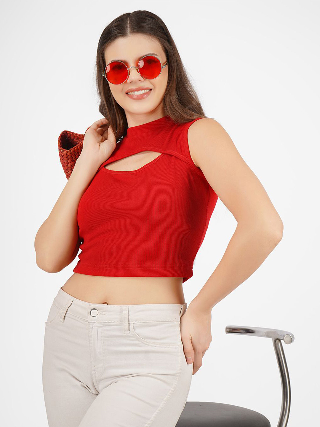 angloindu Cut Out High Neck Sleeveless Fitted Crop Top