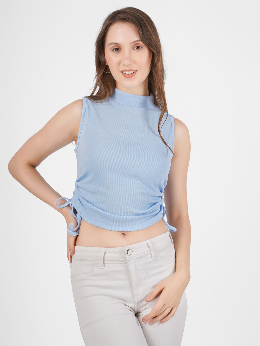 angloindu High Neck Sleeveless Side Ruched Fitted Crop Top