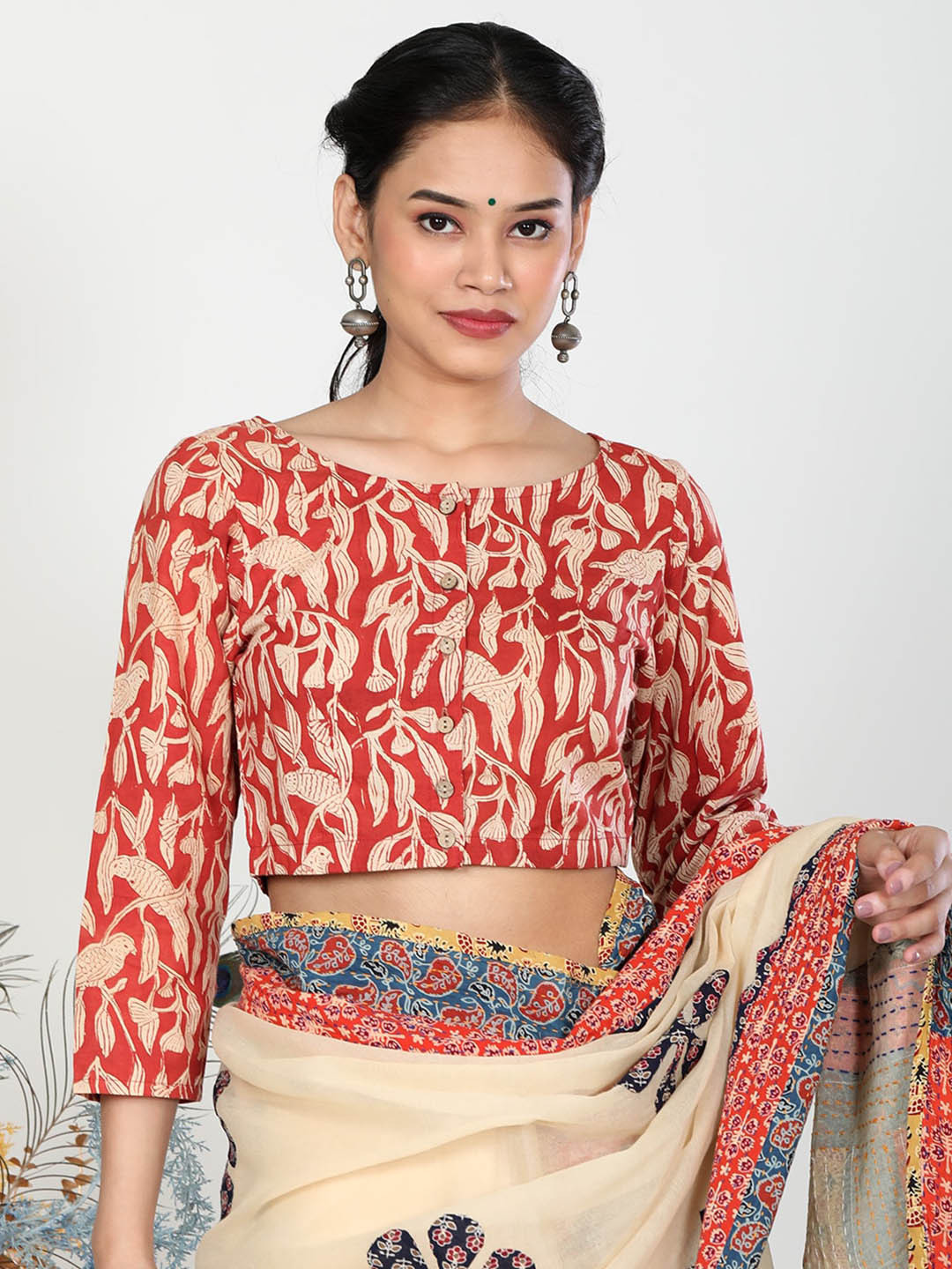 Llajja Floral Block Printed Cotton Saree Blouse